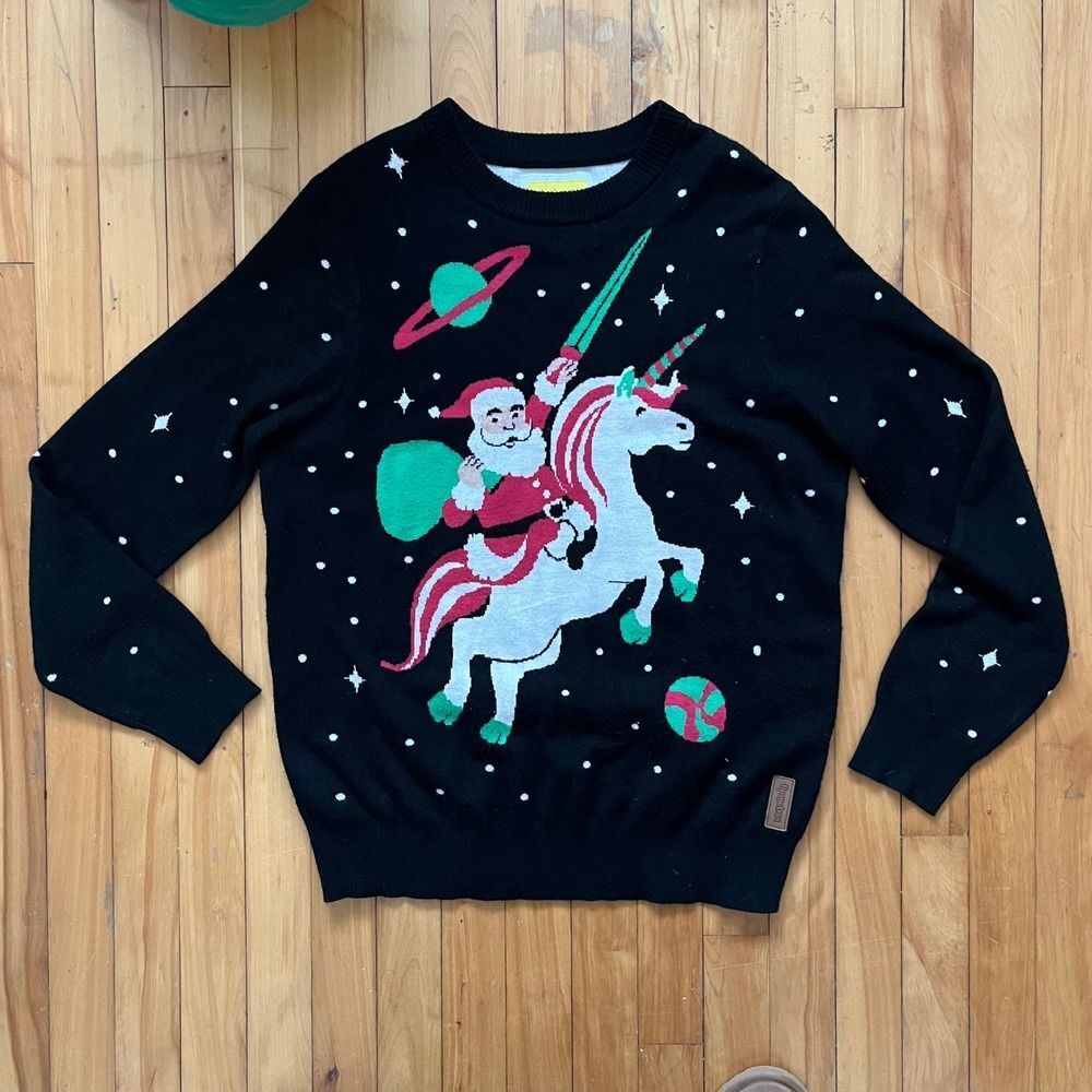 Tipsy Elves Santa Riding Unicorn Ugly Christmas Sweater Black XL